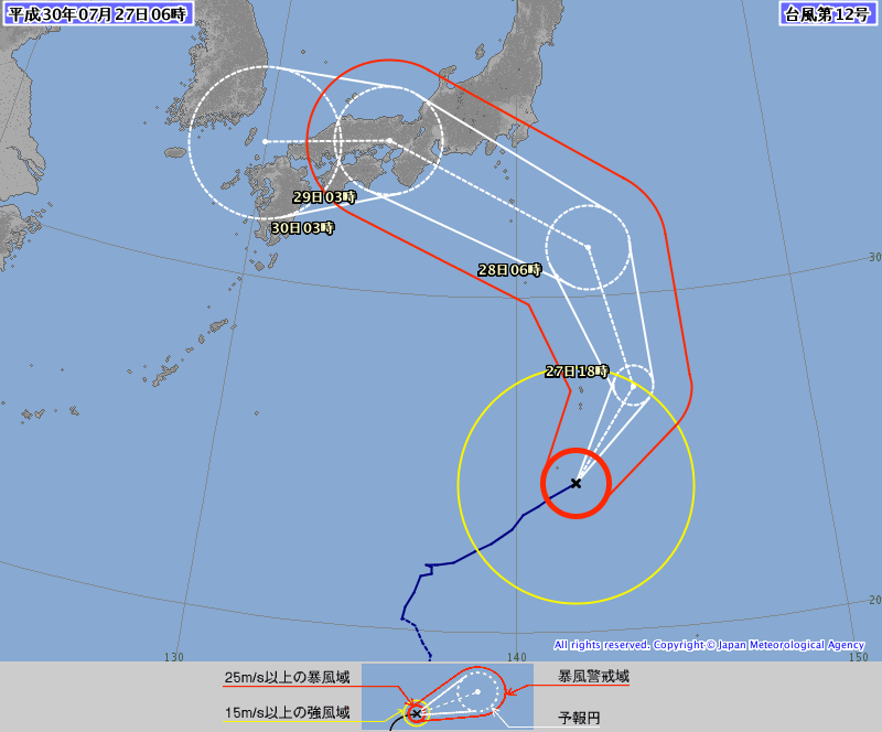 ７月２７日６時の台風１２号予想進路