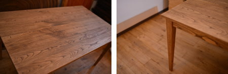 国産クリ材をアンティークに仕上げたテーブル２台完成！