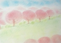 パステル画　桜のある風景