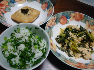 菜飯と小松菜の豆腐煮と肉炒めのあげ包み焼き